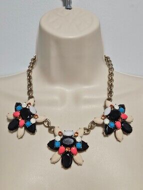Statement Floral Cluster Necklace in Black, Cream, Pink & Blue